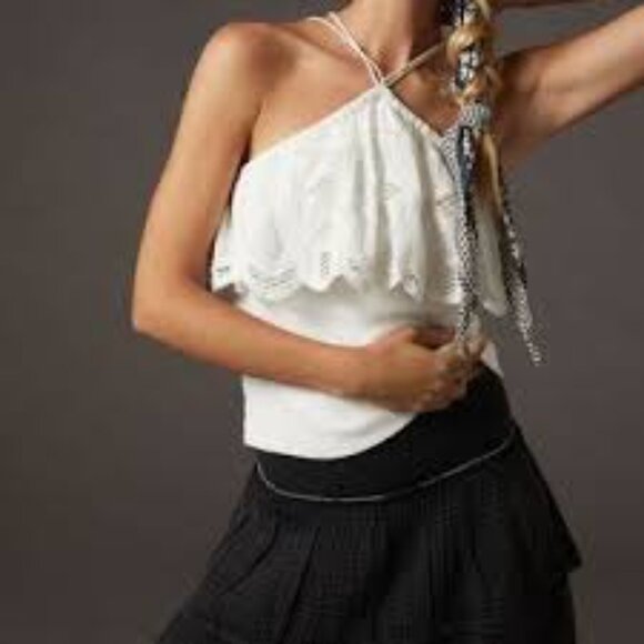 Anthropologie Strappy Eyelet Lace Ruffle Trim Halter Top White Sz Small Ribbed - Picture 11 of 11